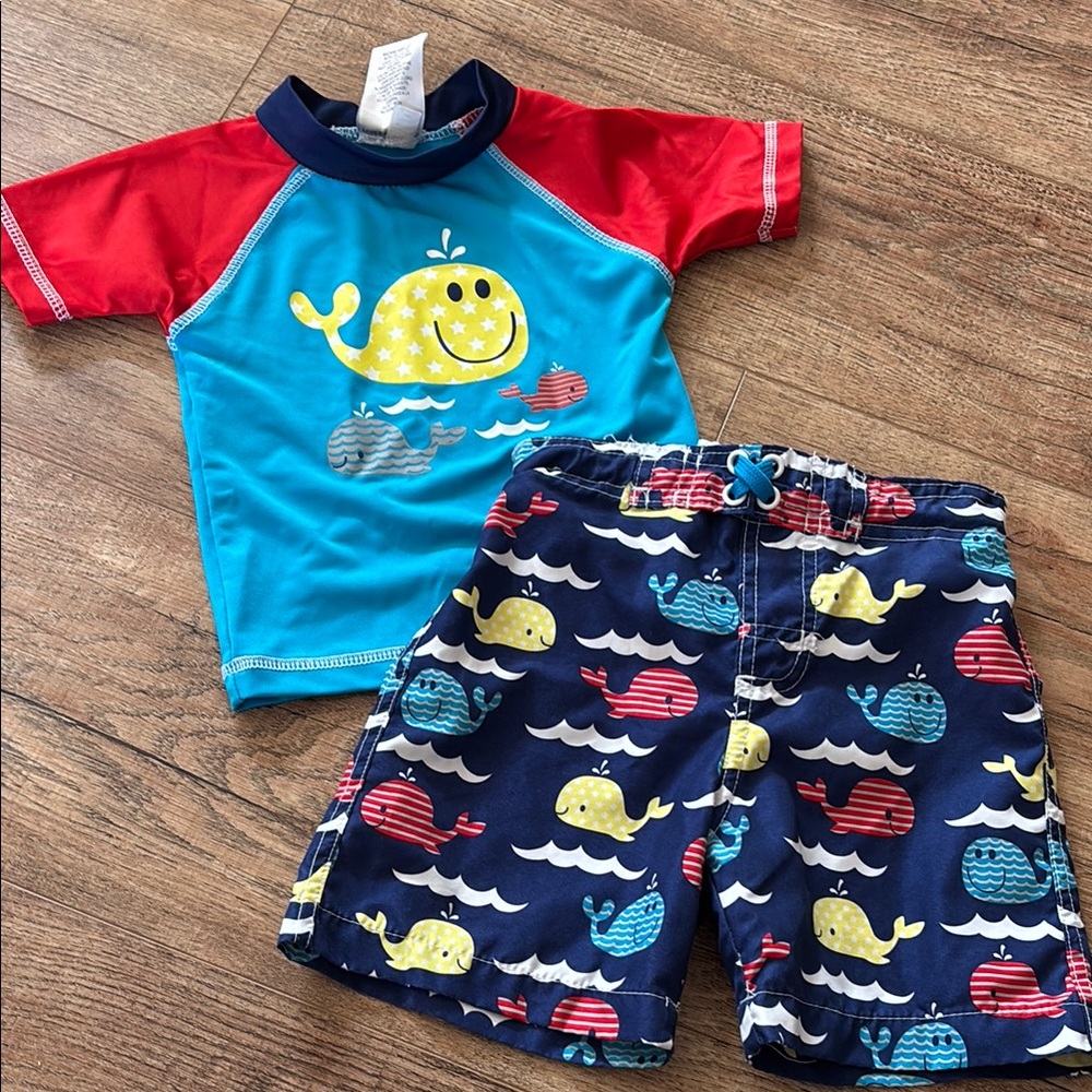 Kids Swim Set with Whale Print - Red and Blue